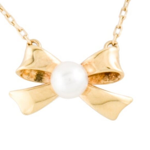 MIKIMOTO 18K 750 YELLOW GOLD CULTURED PEARL BOW PENDANT NECKLACE - Picture 7 of 9